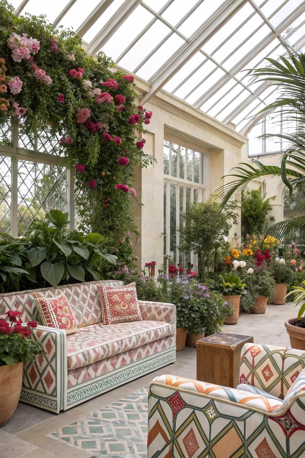 An eclectic mix of patterns bringing life to the conservatory.