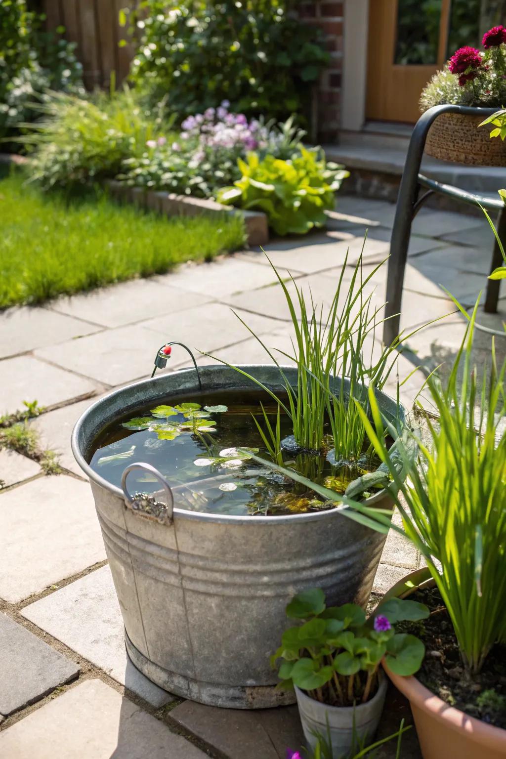 Beginner-friendly metal bucket pond.