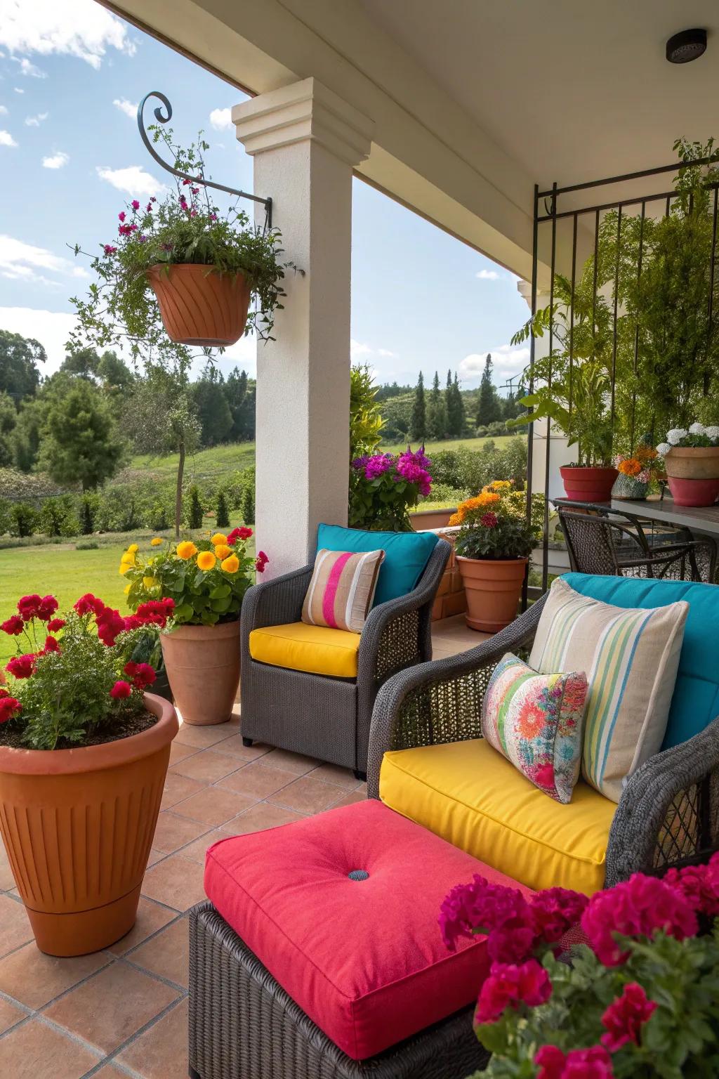 A patio with vibrant color accents for added flair.