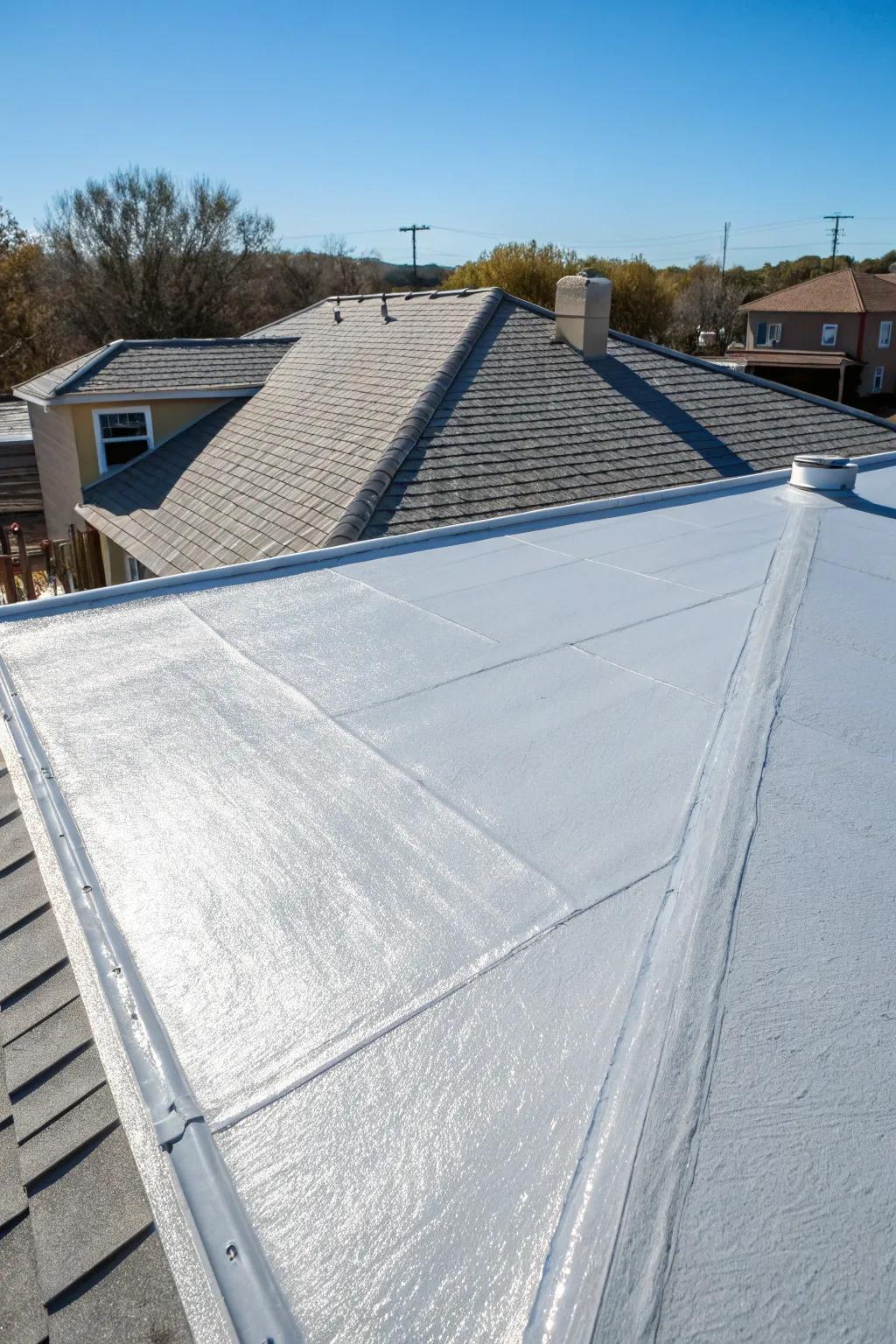 A roof with a cool coating enhancing solar reflectance.