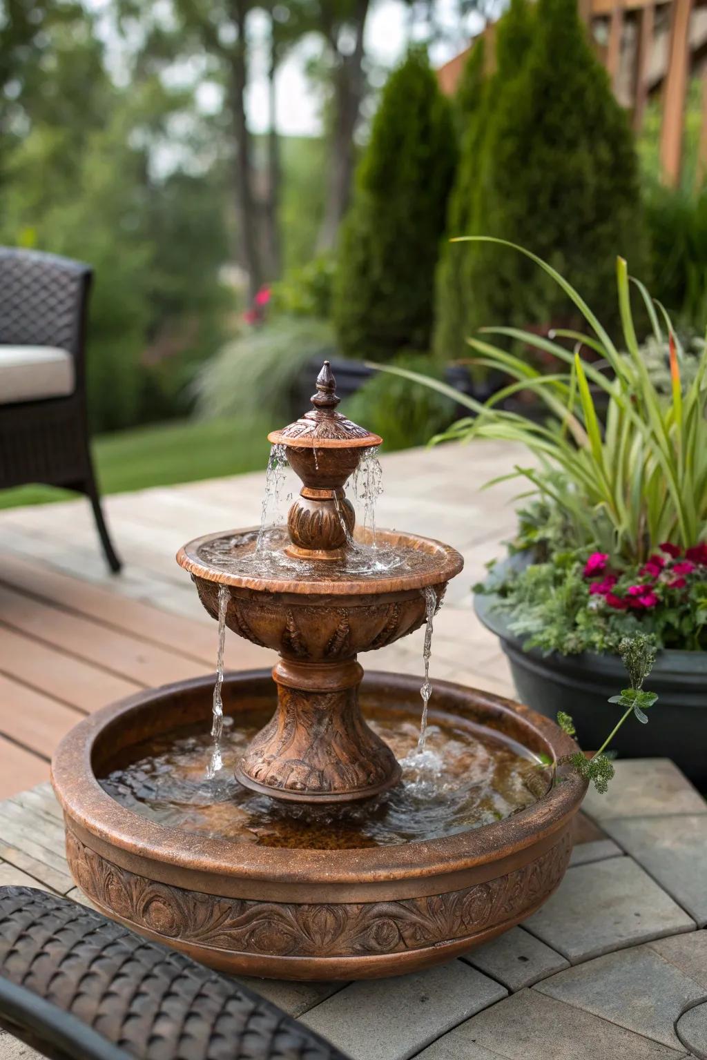 A small copper fountain adding charm to a patio table.