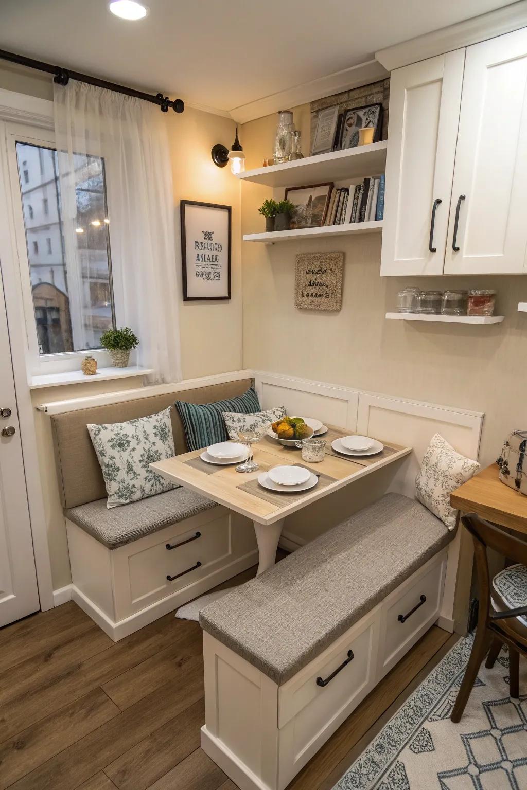 A versatile corner bench that converts to a table, ideal for compact living spaces.