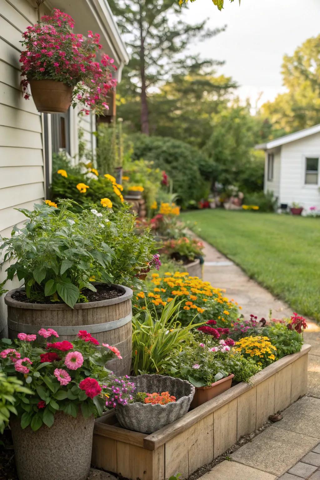 Containers offer flexibility and charm in this corner garden.