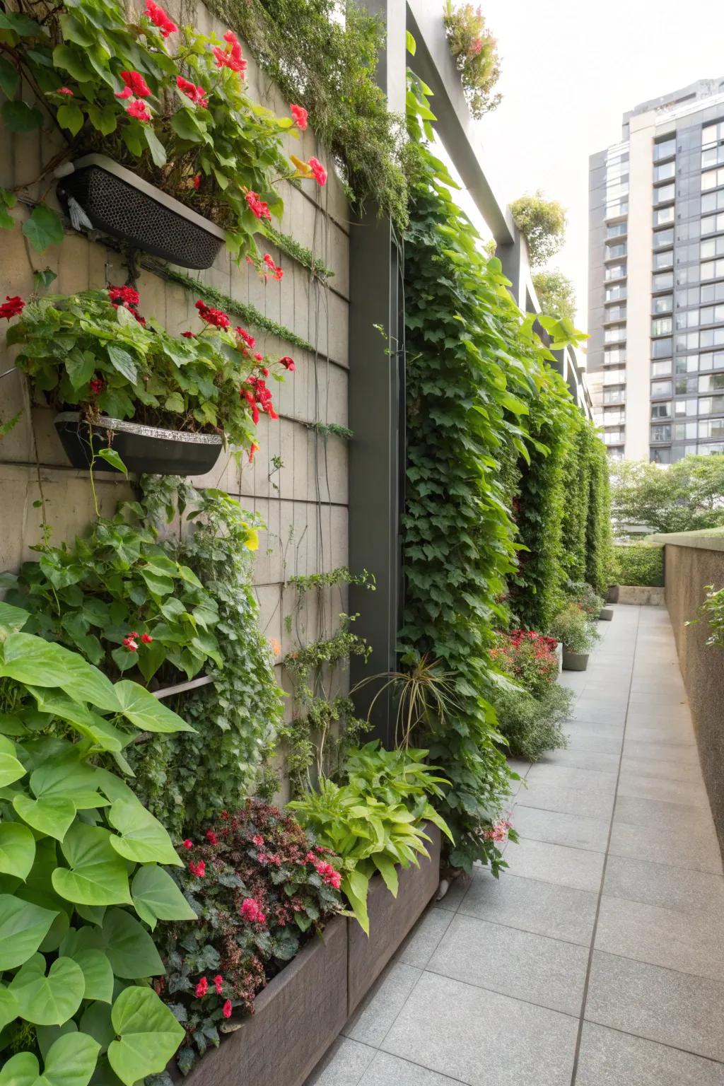 Vertical gardens add height and lush greenery to corner spaces.