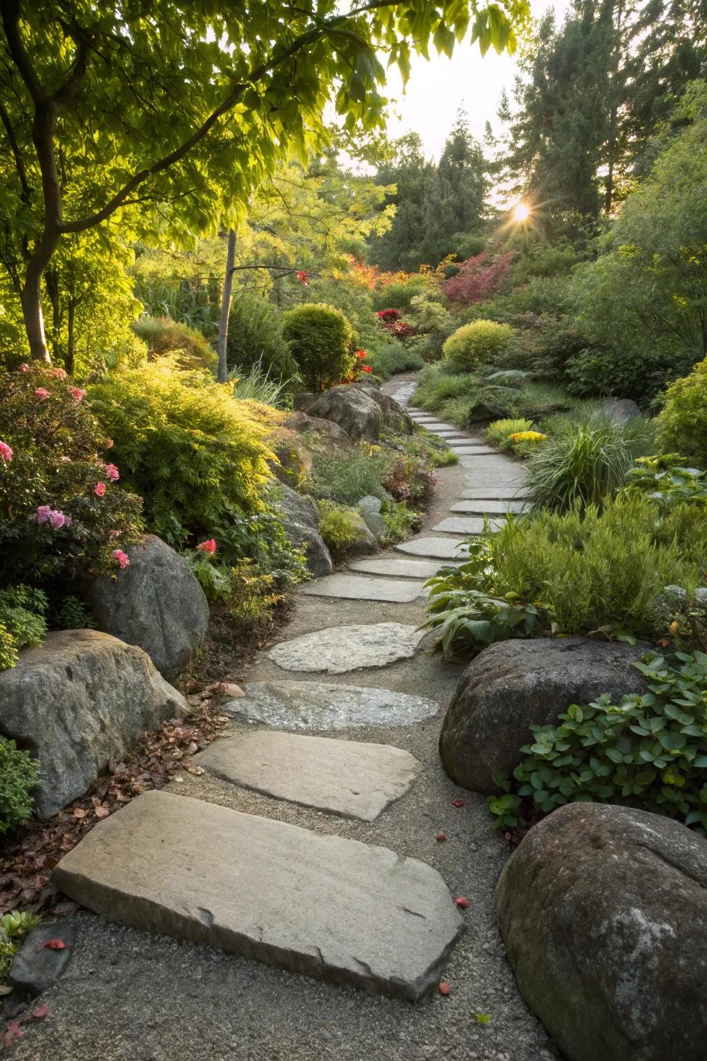 Rocky pathways lead the way through garden havens.