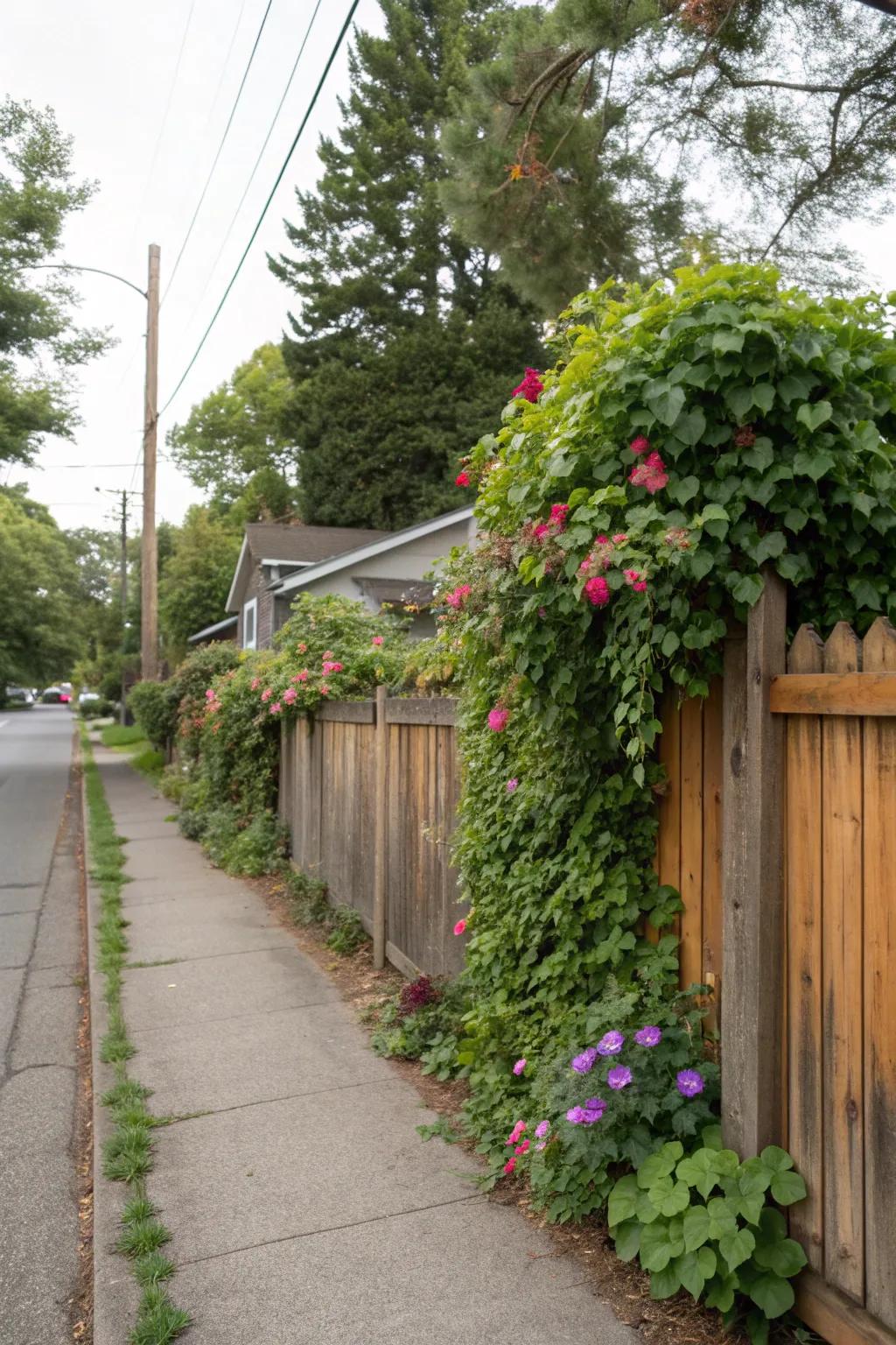 Transform your fence with climbing vines for a living wall effect.