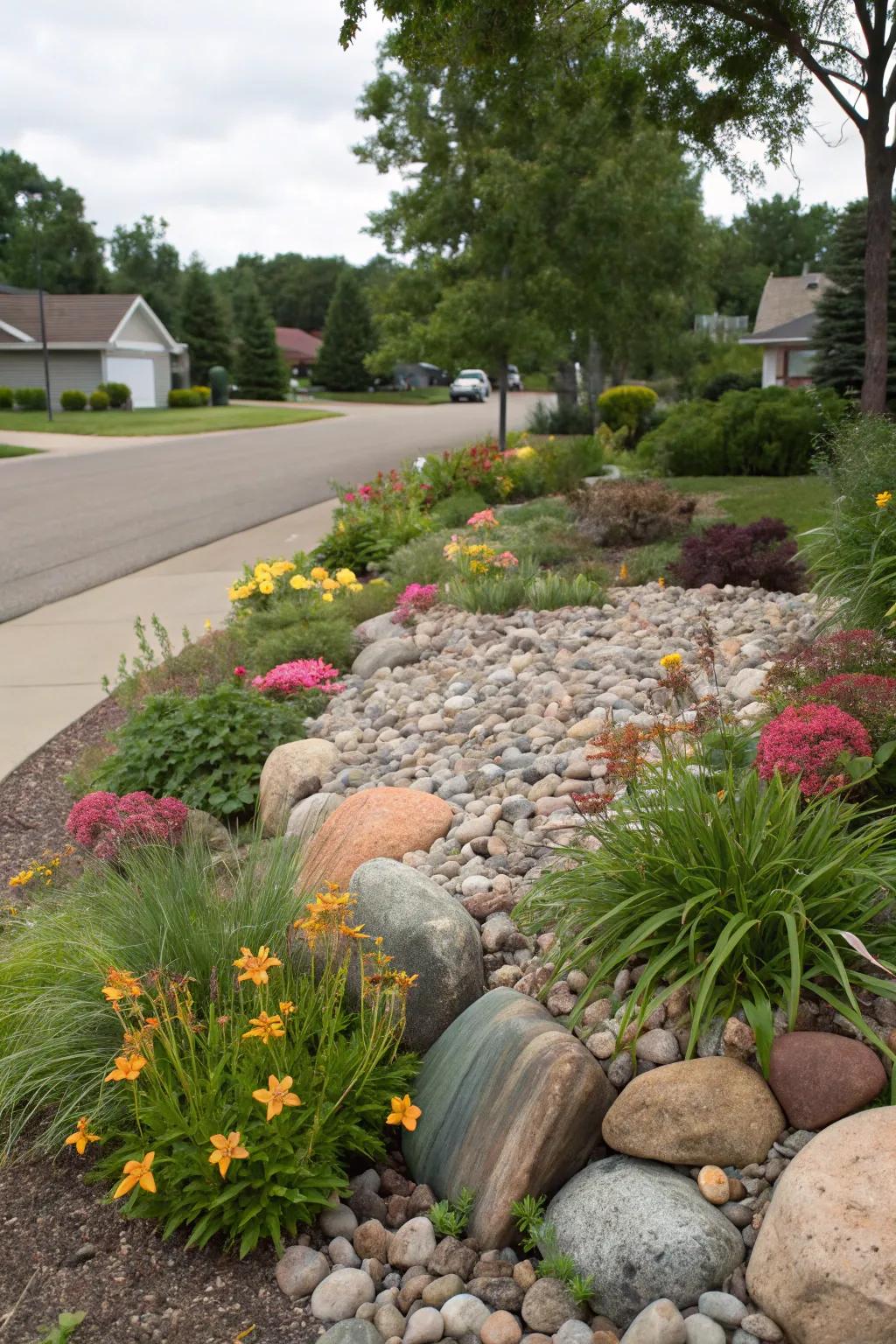 A visually striking rock garden on a corner lot, blending form and function.