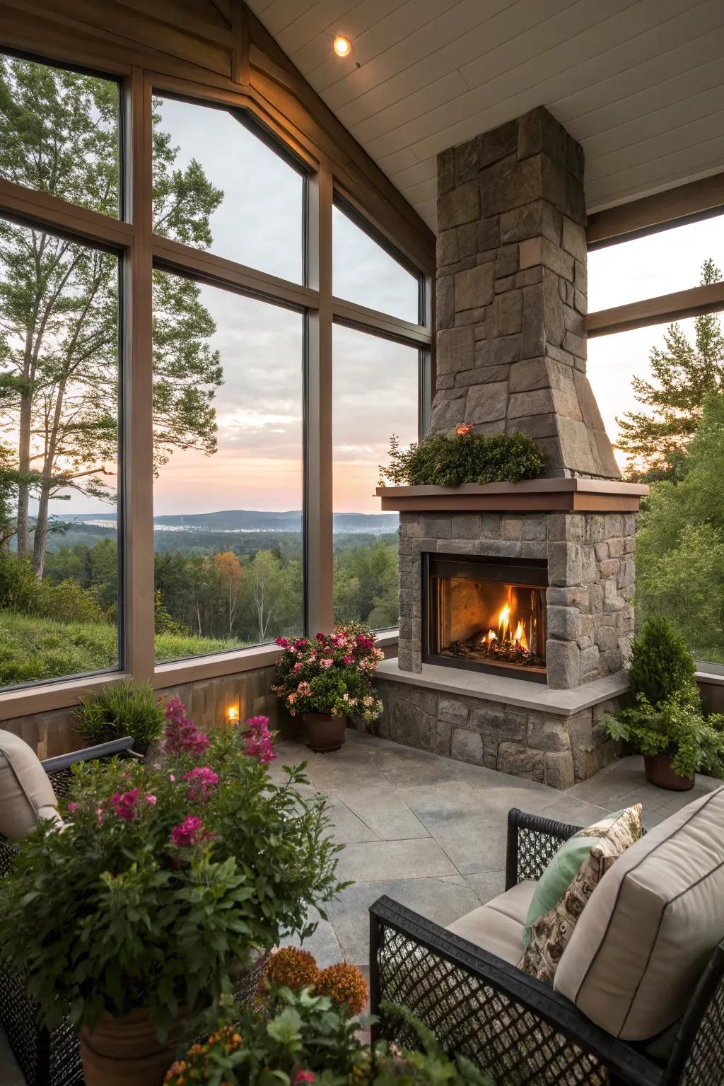 A corner fireplace with breathtaking views for ultimate relaxation.