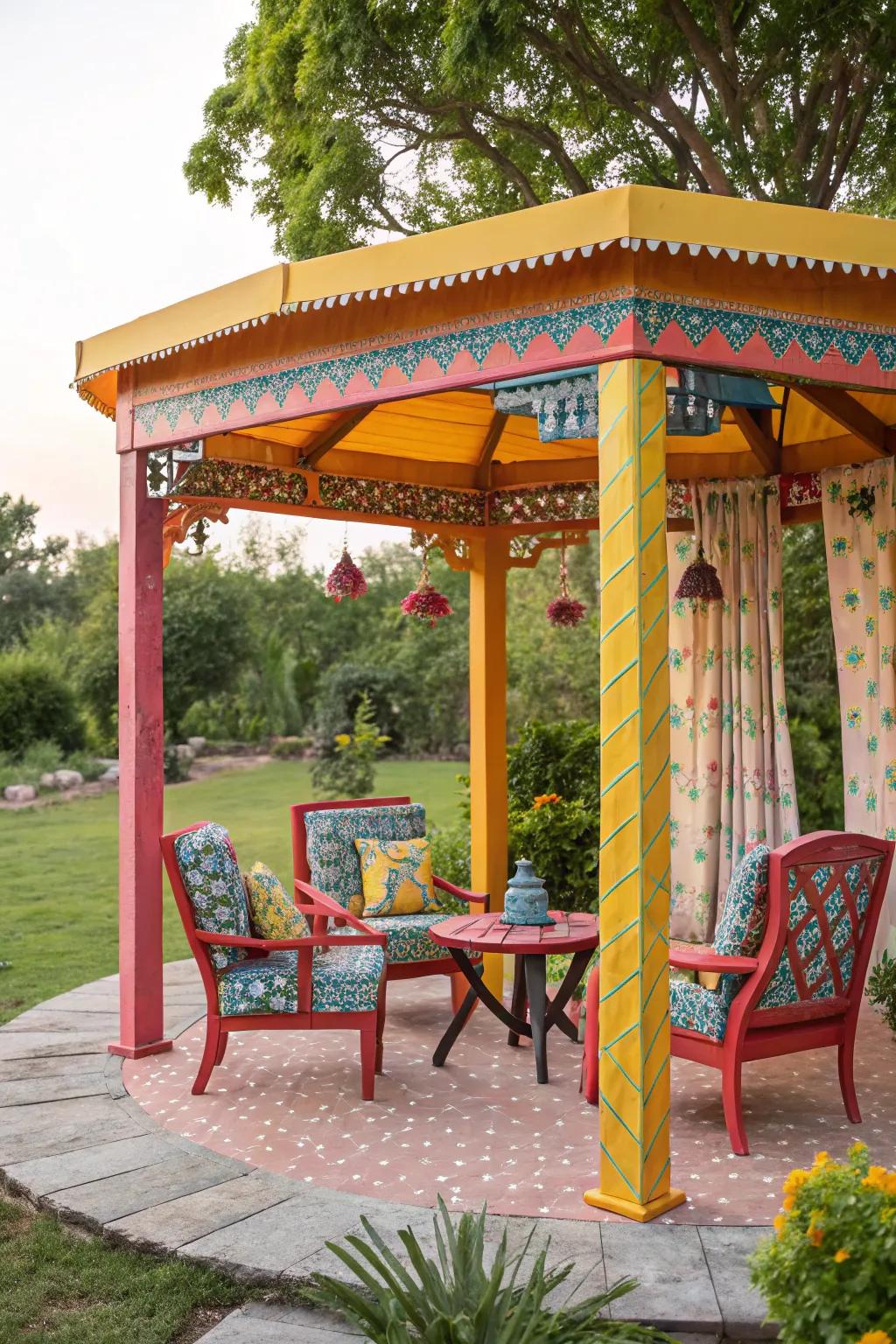Bright colors can turn a pergola into a cheerful garden focal point.