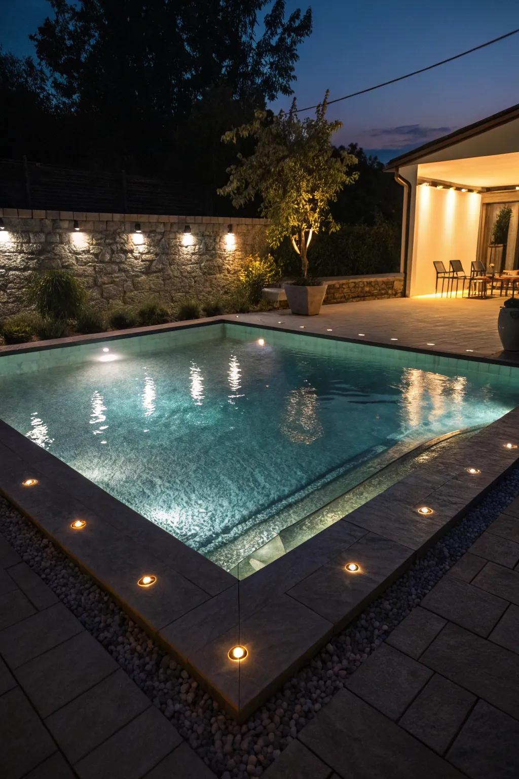 Underwater lighting enhances the pool's nighttime allure.