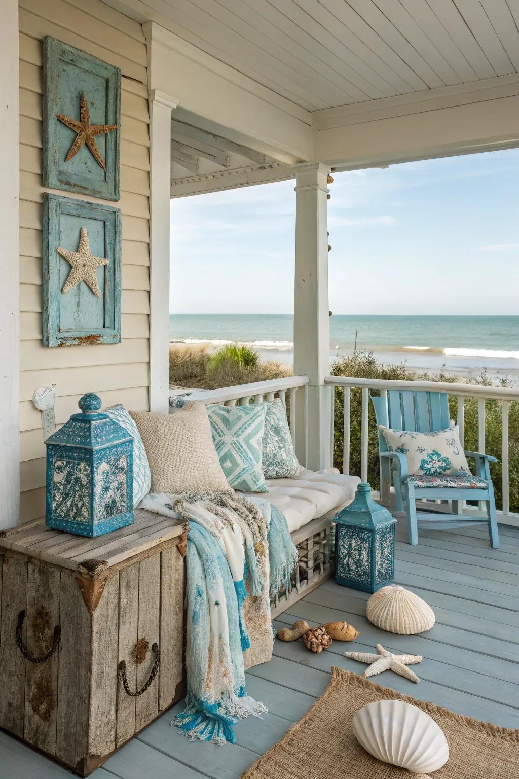 Coastal elements bringing a beachy feel to a corner porch.