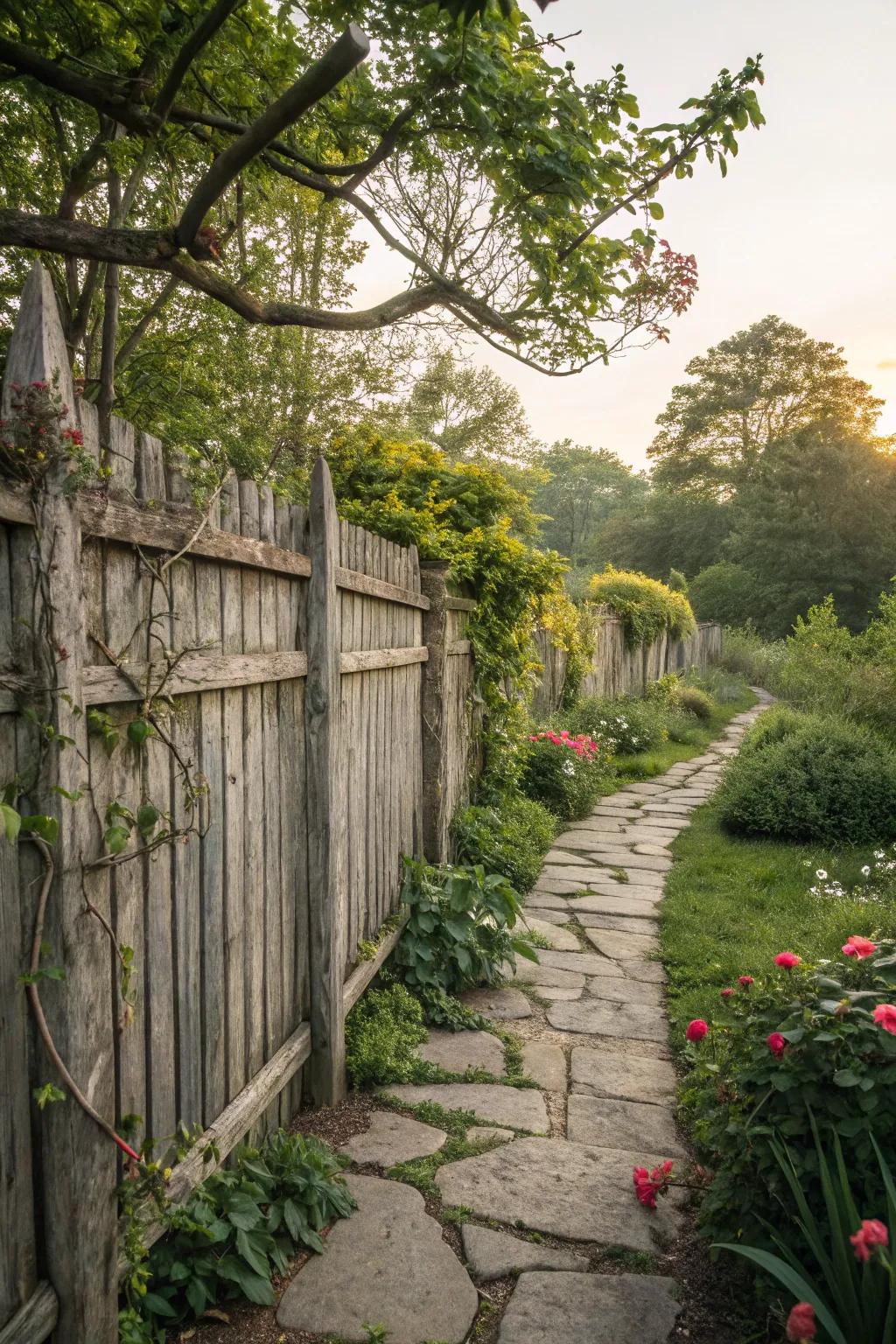 Natural materials like stone and wood create a harmonious garden atmosphere.