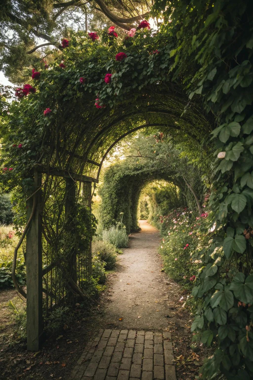 A vine-covered archway invites you into a secret garden hideaway.