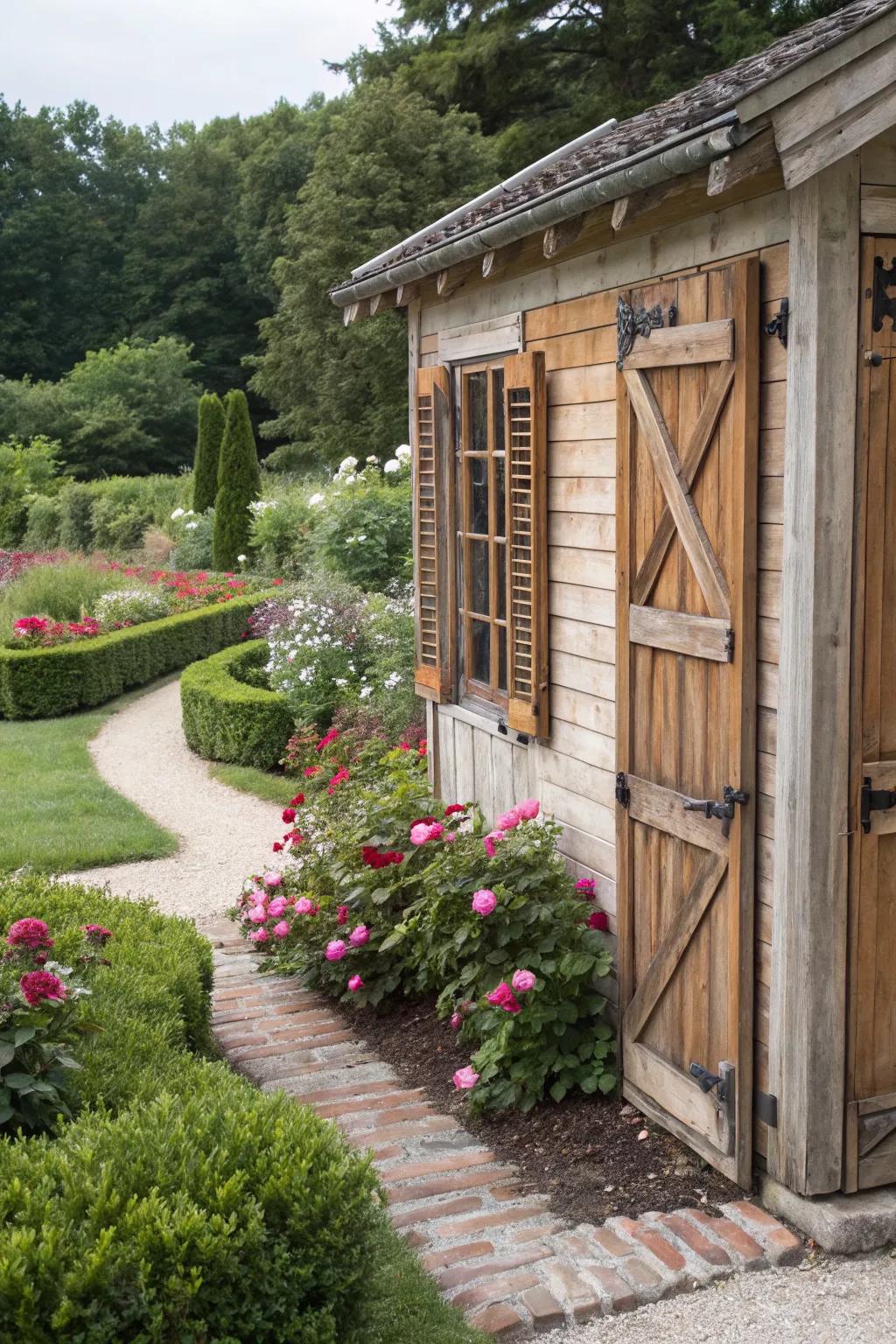 Charming shutters add a whimsical touch to this garden shed.