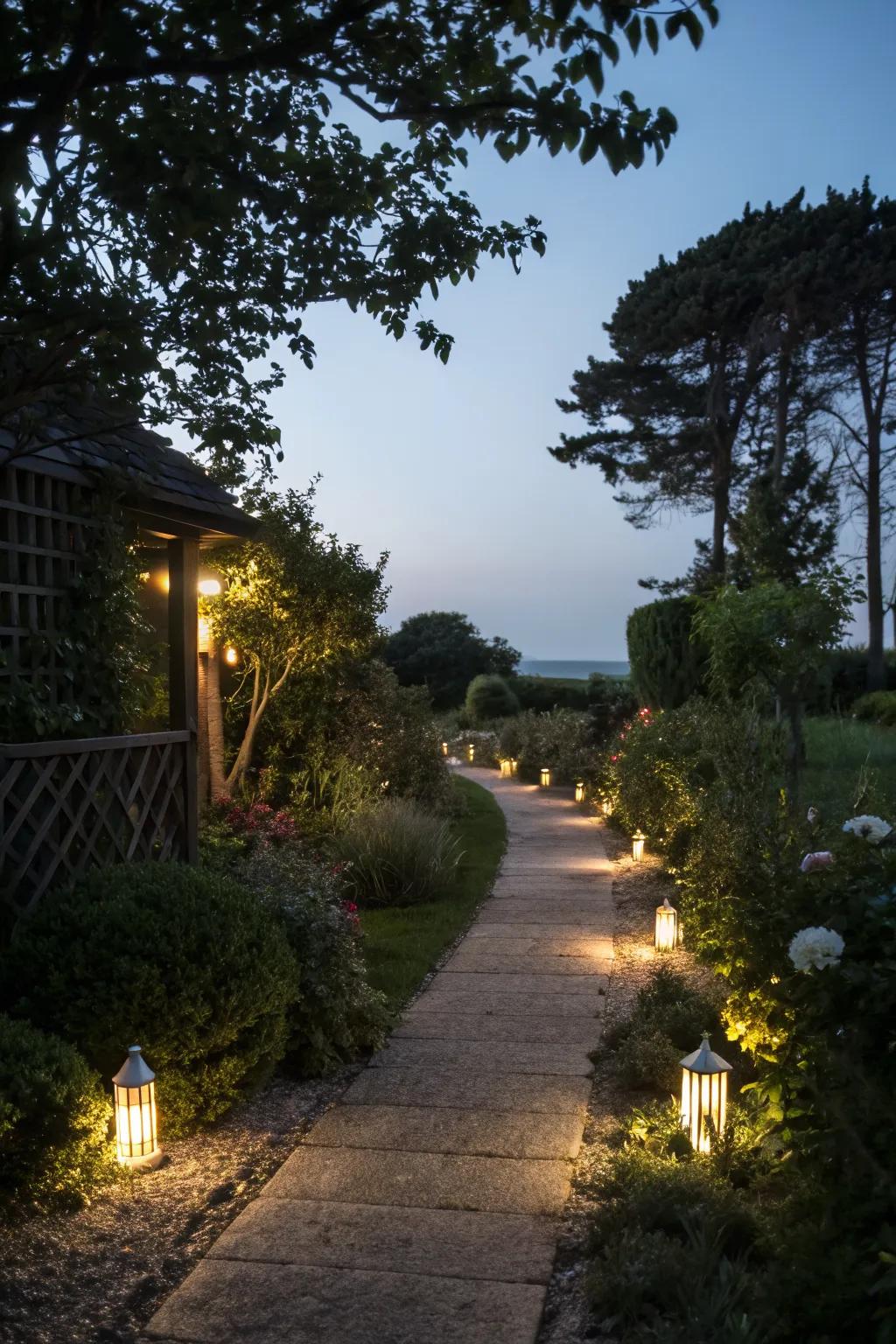 Warm ambient lighting in a cottage-style garden at night.