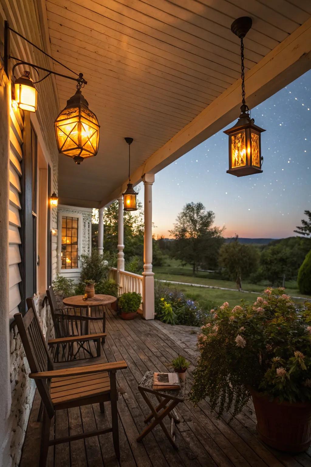 Lanterns add a cozy and inviting evening ambiance.