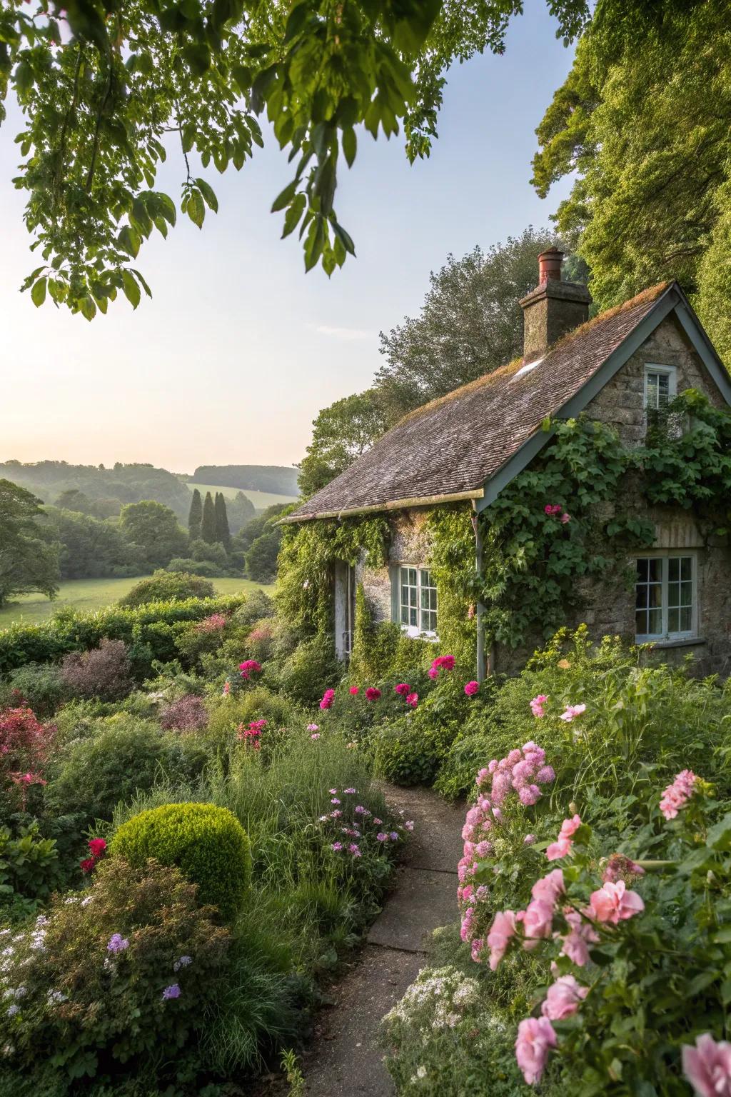 A cozy cottage enveloped by vibrant blooms.
