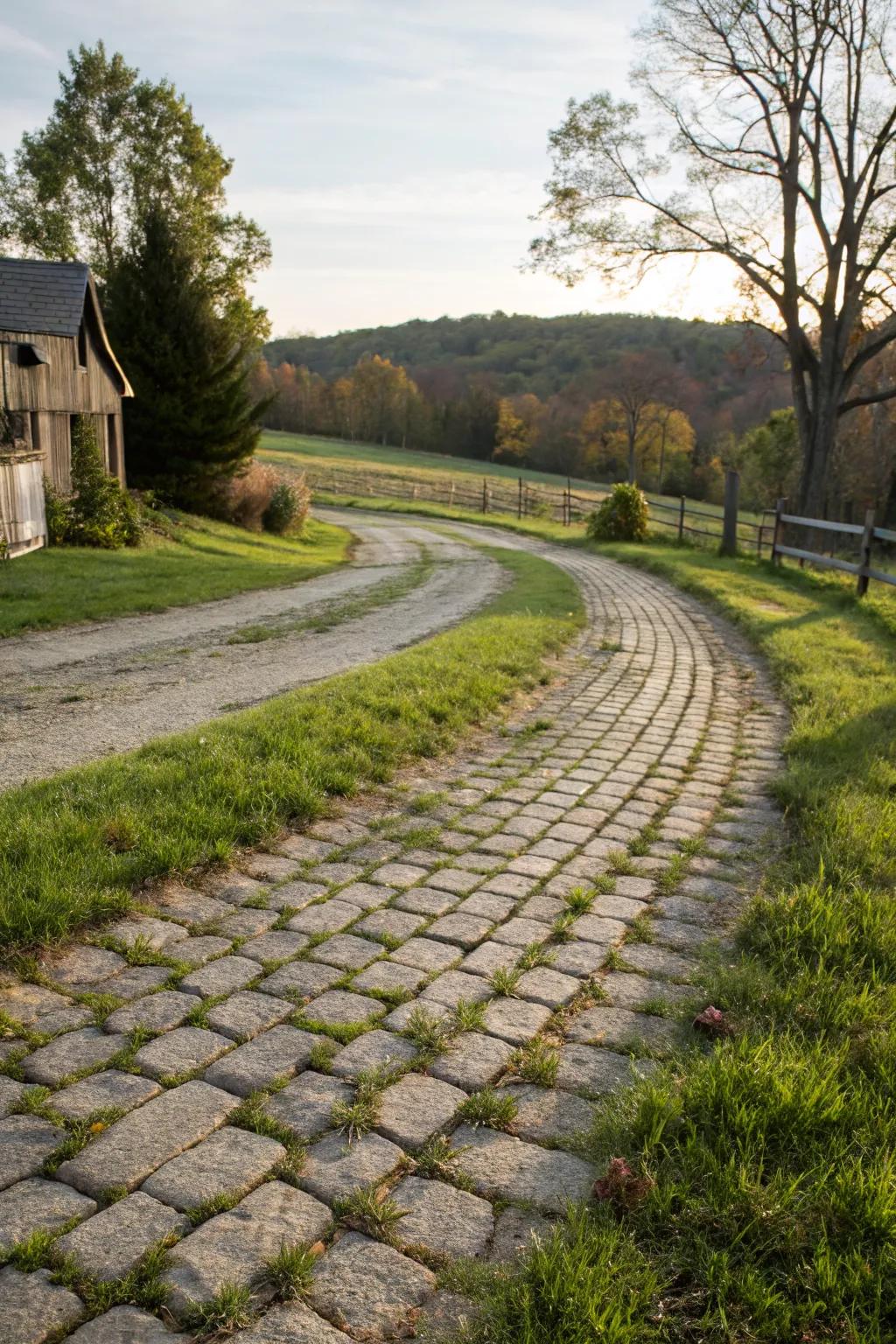 Permeable pavers with grass growing between stones, providing an eco-friendly driveway solution.