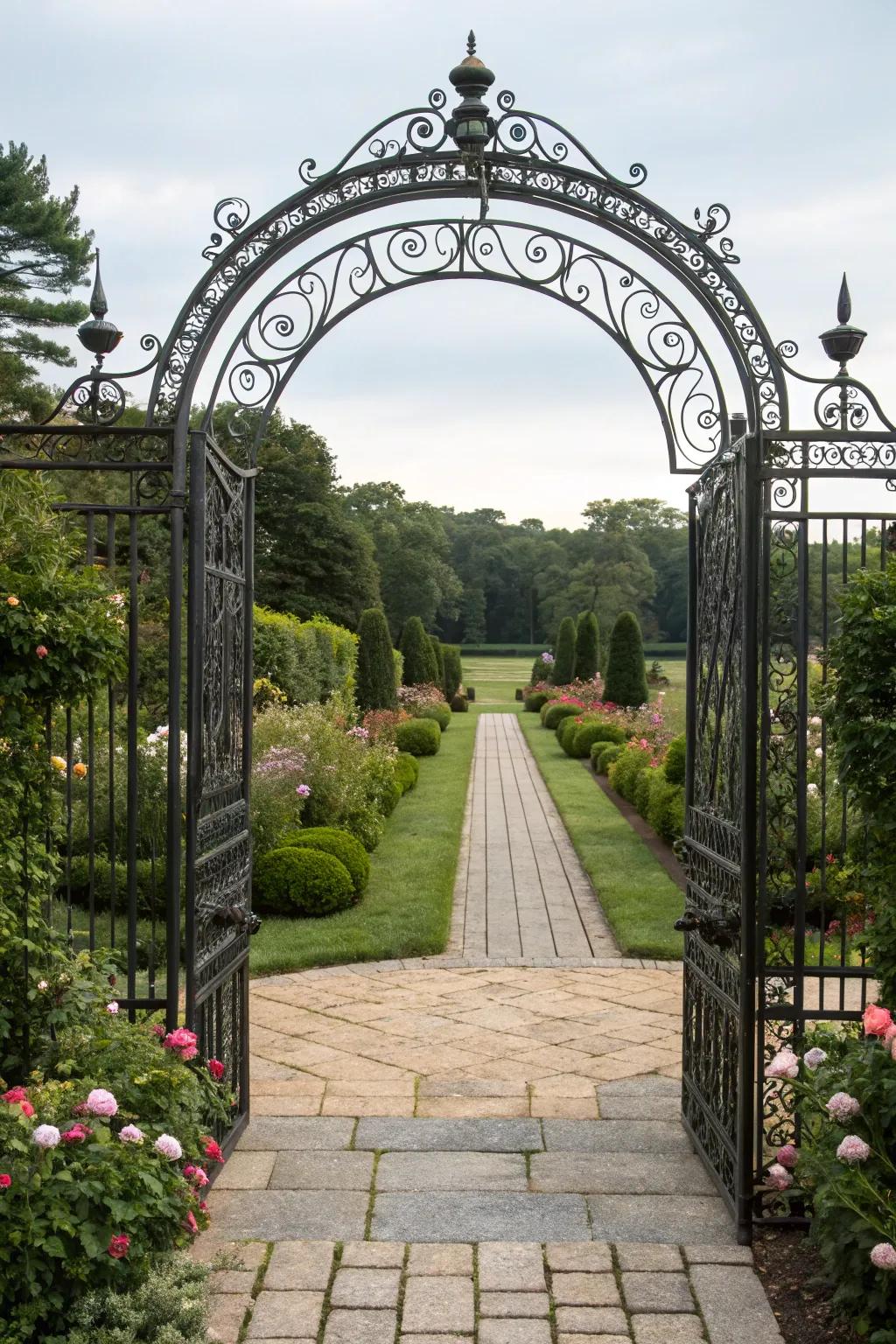 Arched top gates provide an elegant and sophisticated entry point.