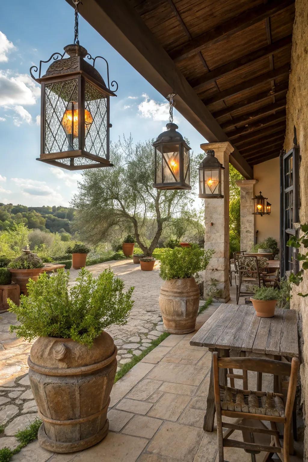 Weathered iron accents for vintage elegance.