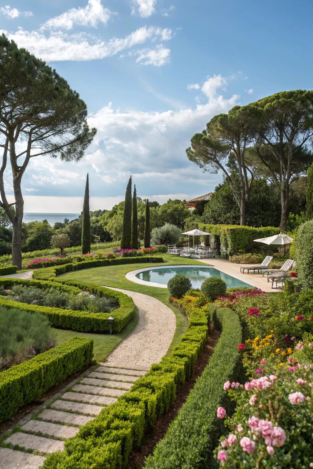 Charming pathways guiding the way to a pool retreat.