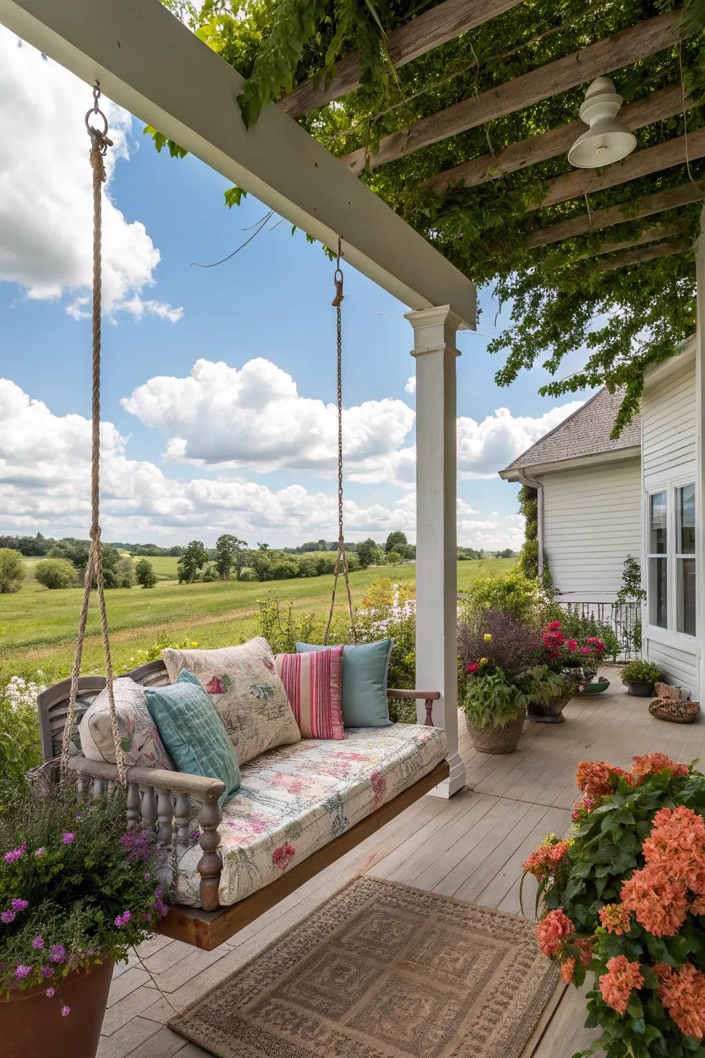 A porch swing creates a relaxing seating area.