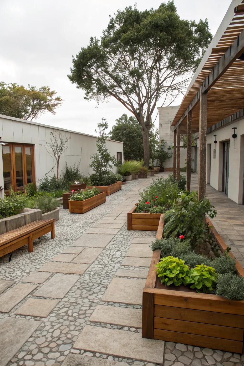 A variety of textures creates a visually stimulating courtyard.