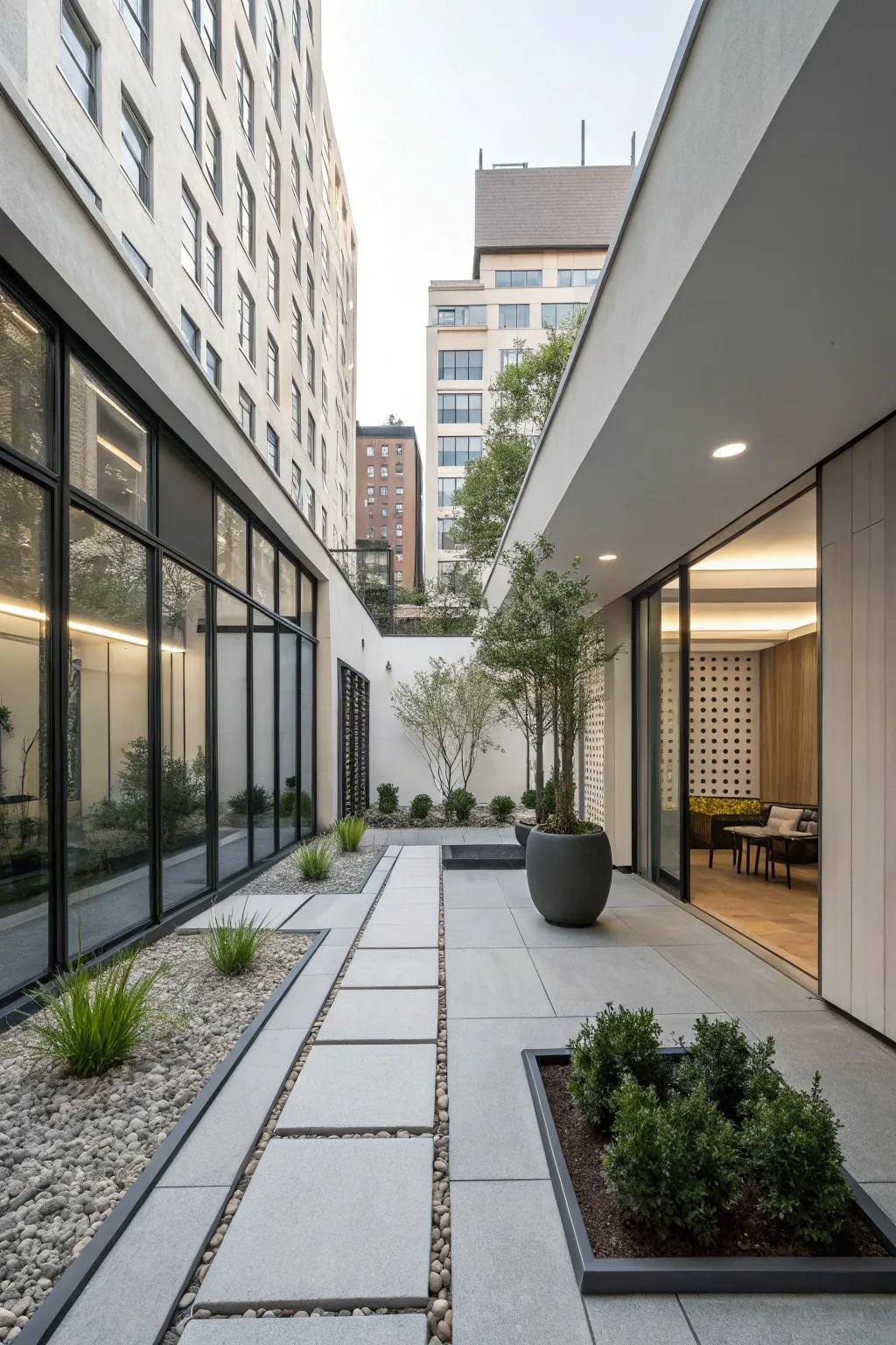 A contemporary courtyard showcasing sleek and minimalist design.