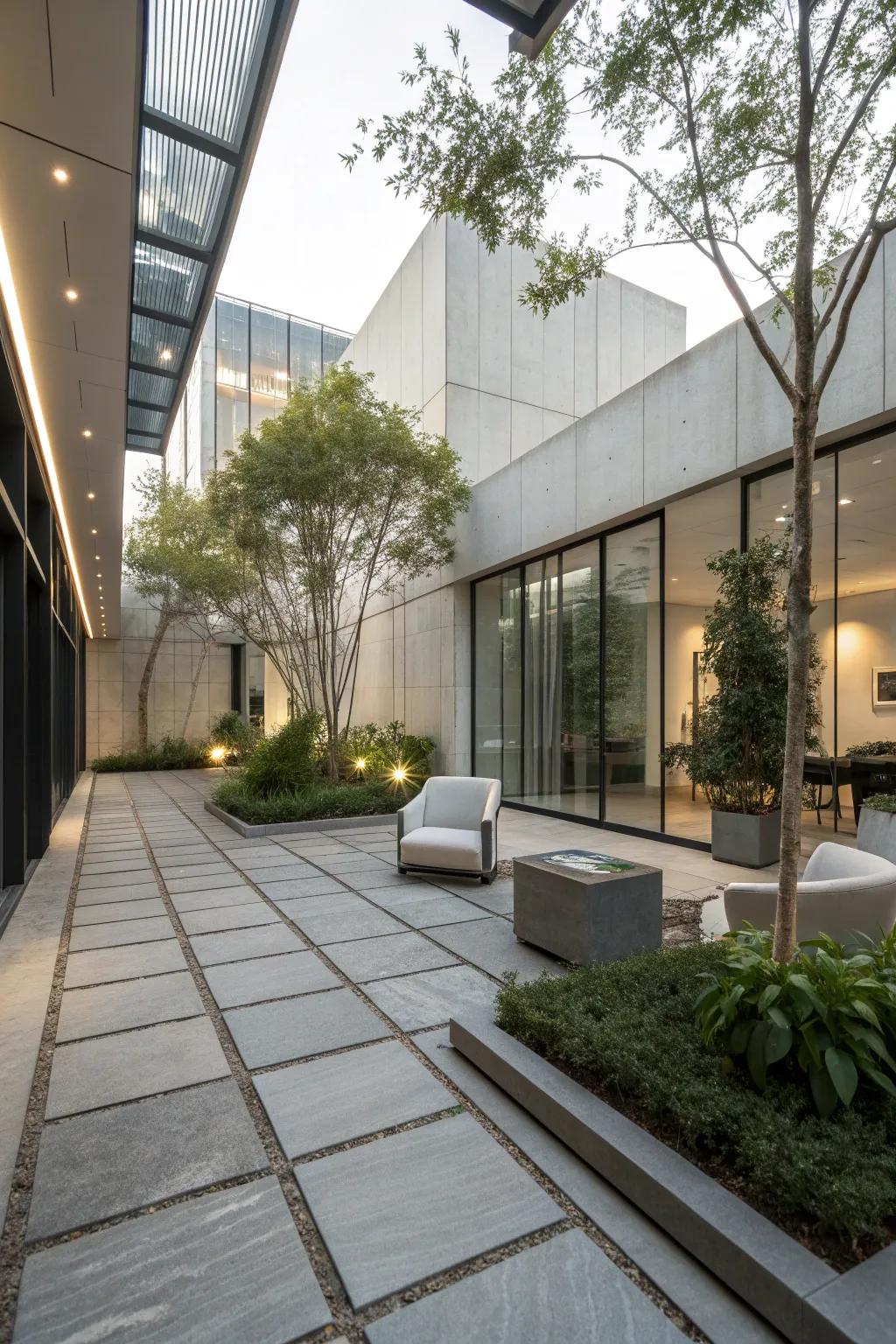 A sleek and modern courtyard with smooth stone paving.