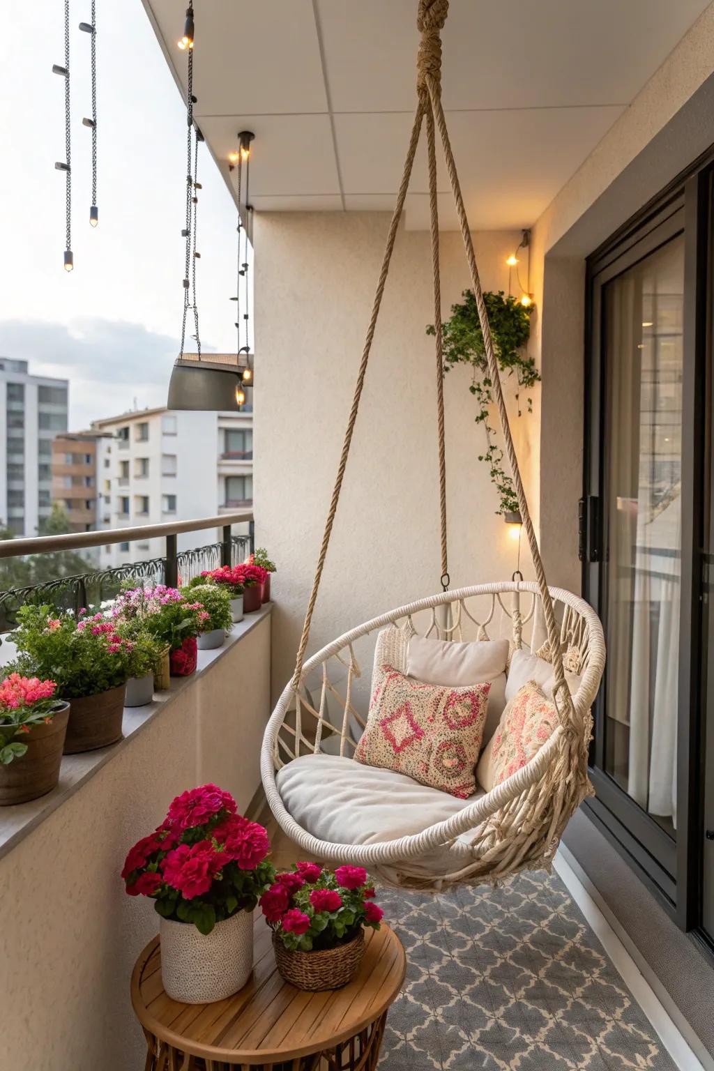 A swinging chair combines style and comfort on the balcony.