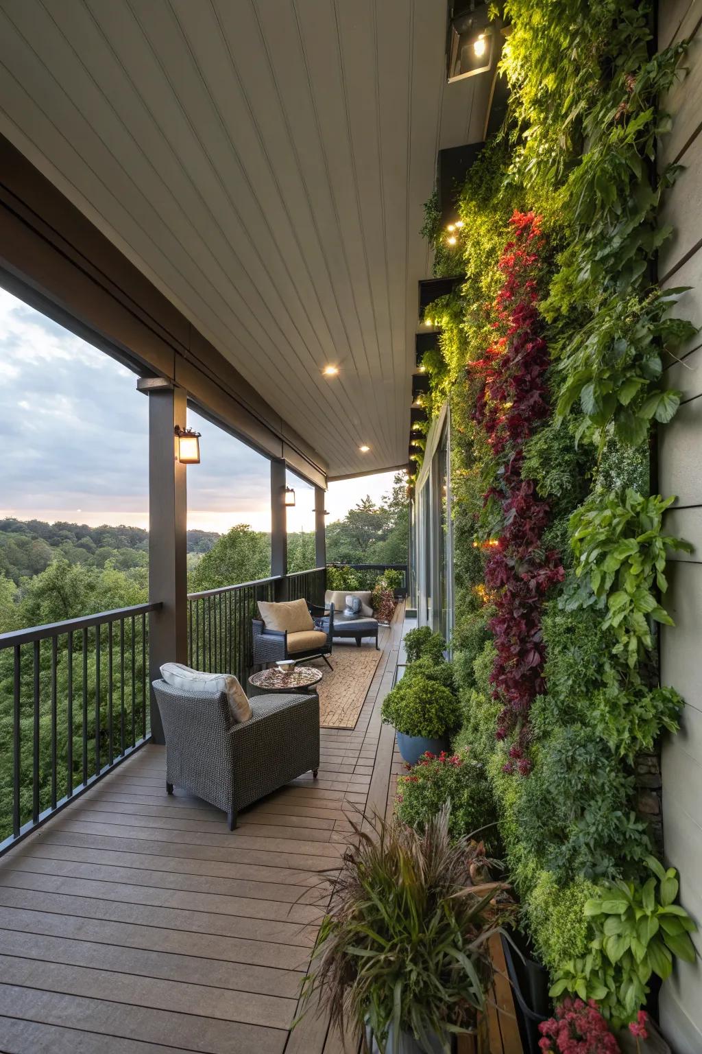 A vertical garden adds beauty and utilizes wall space efficiently.