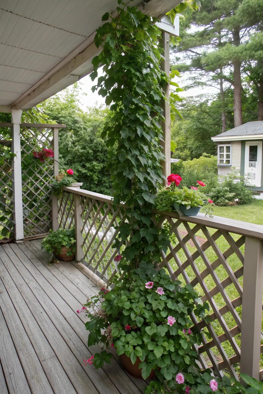 Charming and private deck with decorative lattice screens.