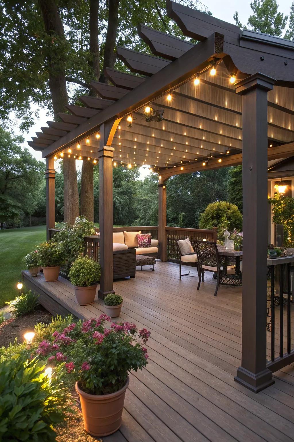 Integrated lighting in a pergola adds elegance to a covered deck.