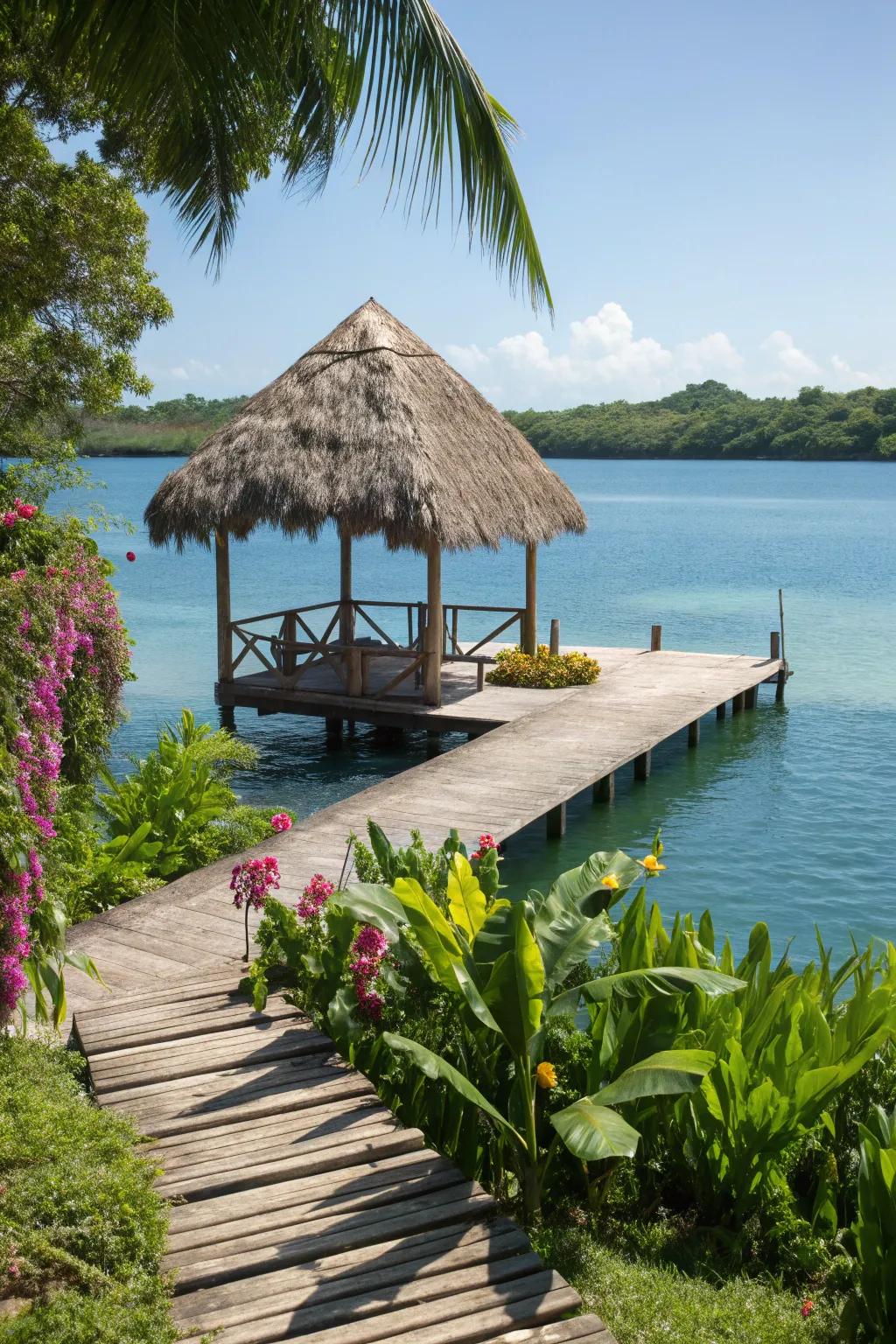 A palm thatch roof gives your dock a tropical holiday atmosphere.