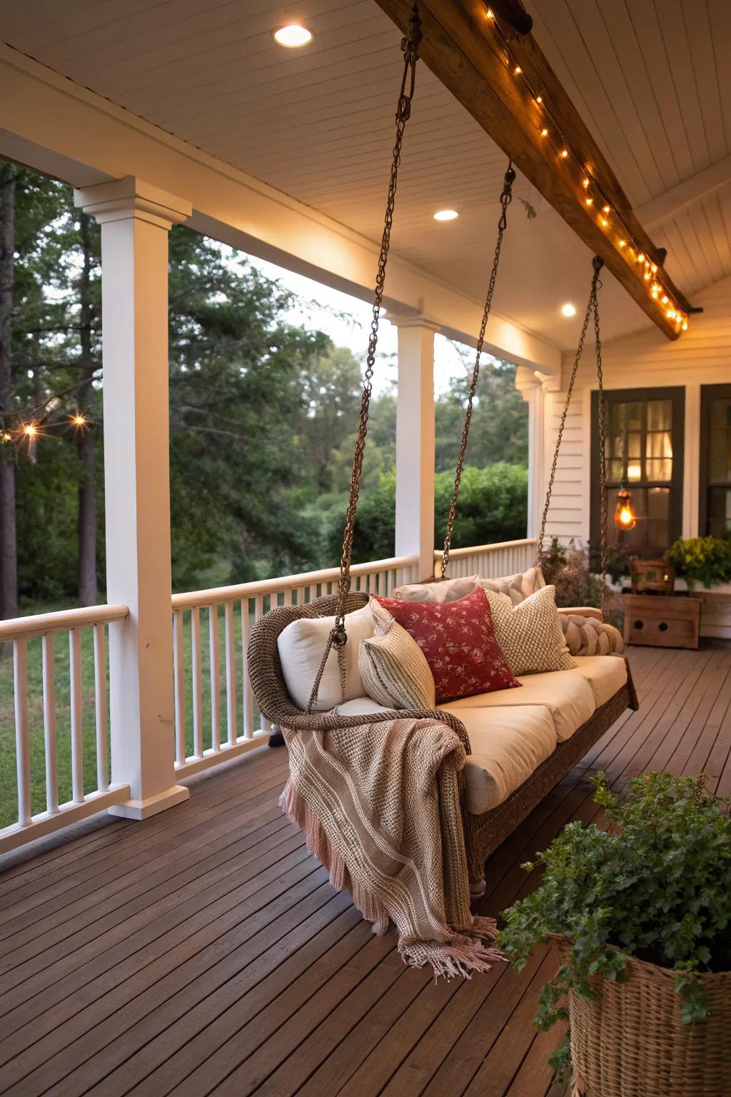 A swinging chair adds a playful touch to the porch.