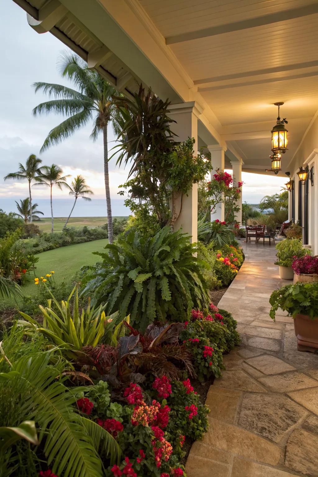 Greenery transforms the lanai into a vibrant oasis.