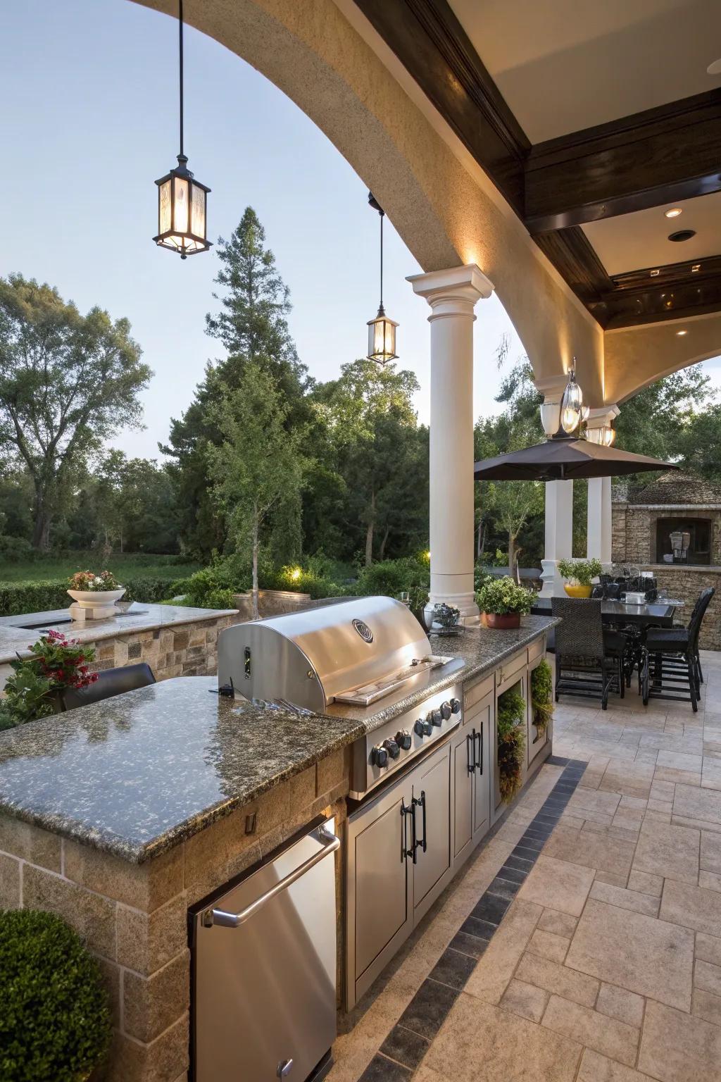 Granite countertops offer sophistication and practicality in outdoor kitchens.