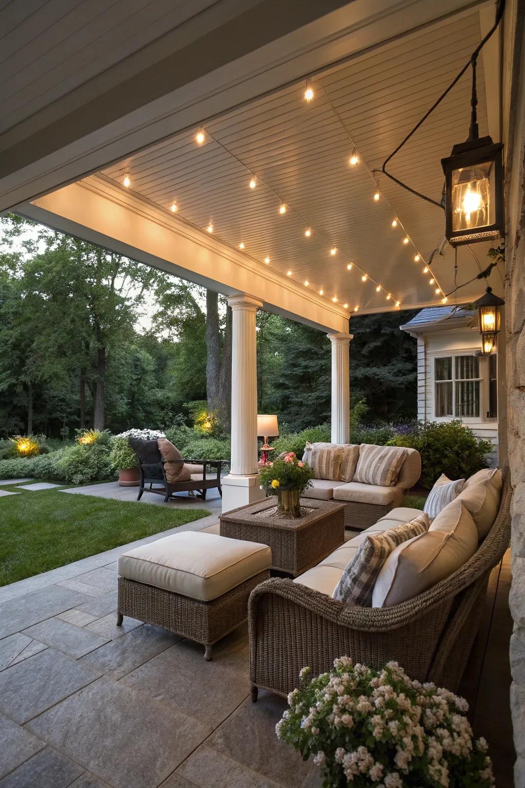 Extend your living space outdoors with cozy lighting.