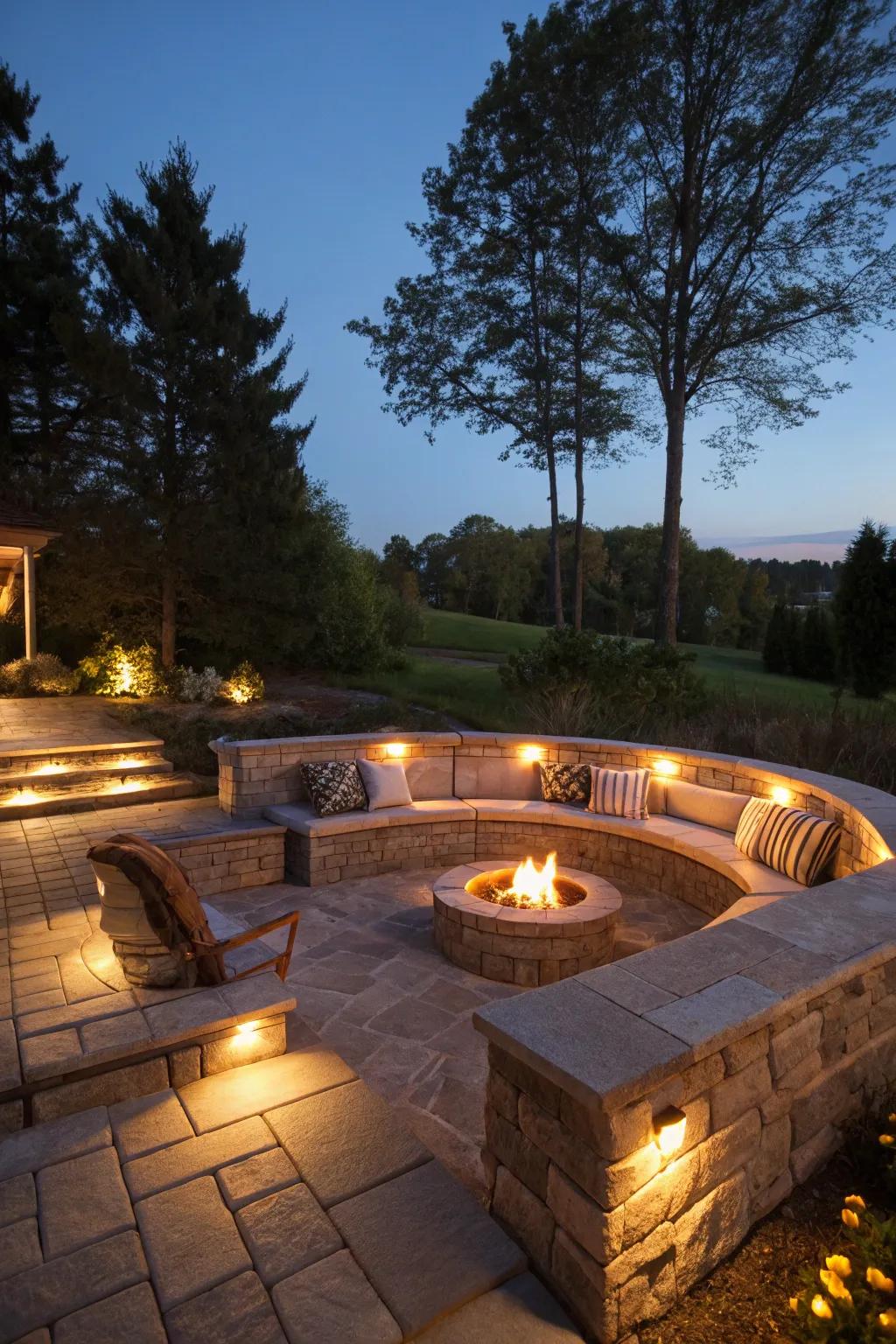 A sunken fire pit offers an intimate gathering space.