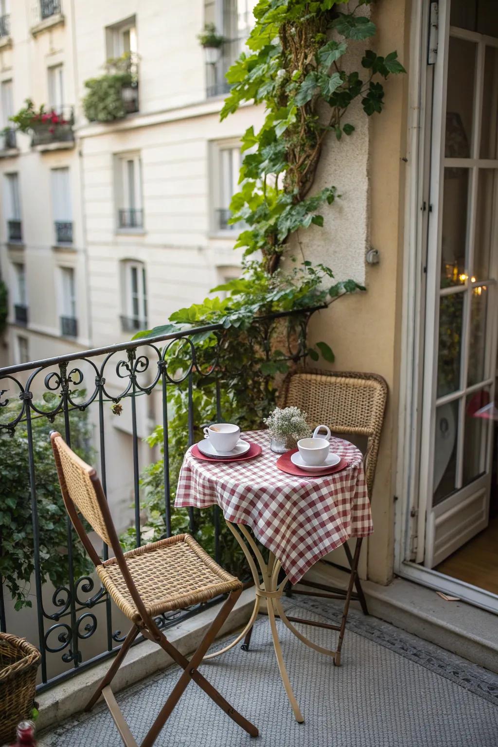 Flea market finds add character and charm to the balcony.
