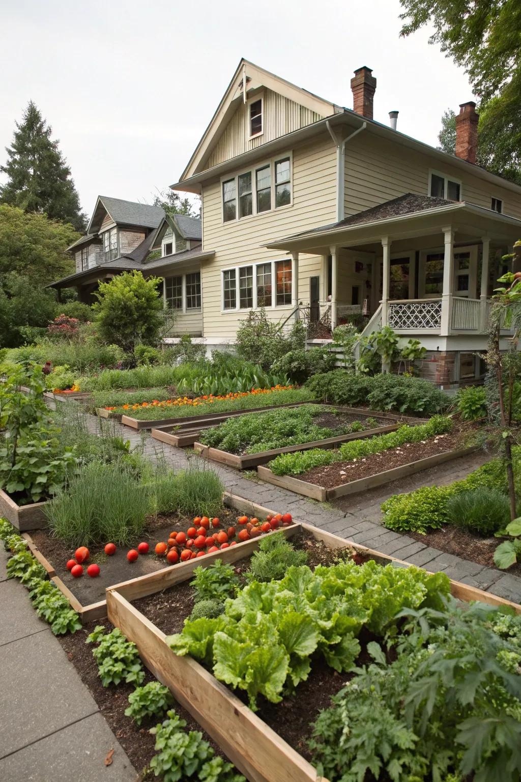 An edible garden brings practicality and beauty to this craftsman house.
