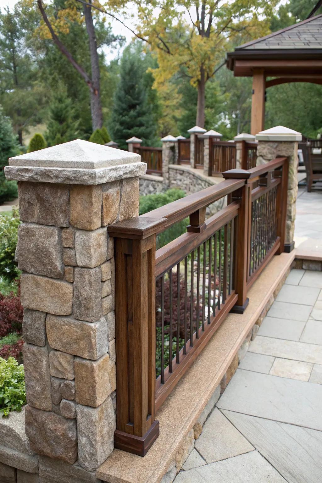 Stone elements provide an earthy, grounded look to craftsman railings.