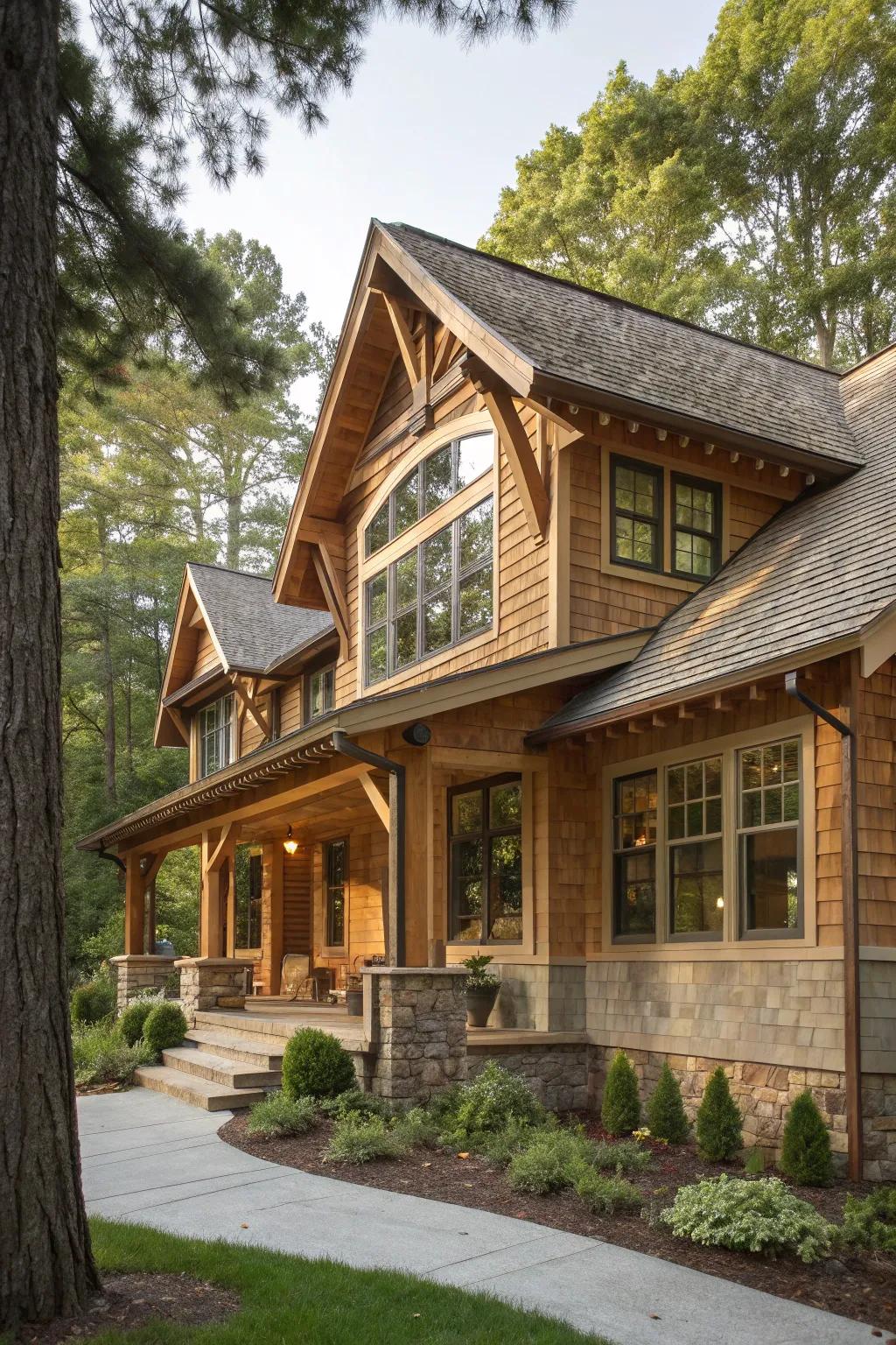 Exposed rafters and beams enhance the rustic charm of this Craftsman home.