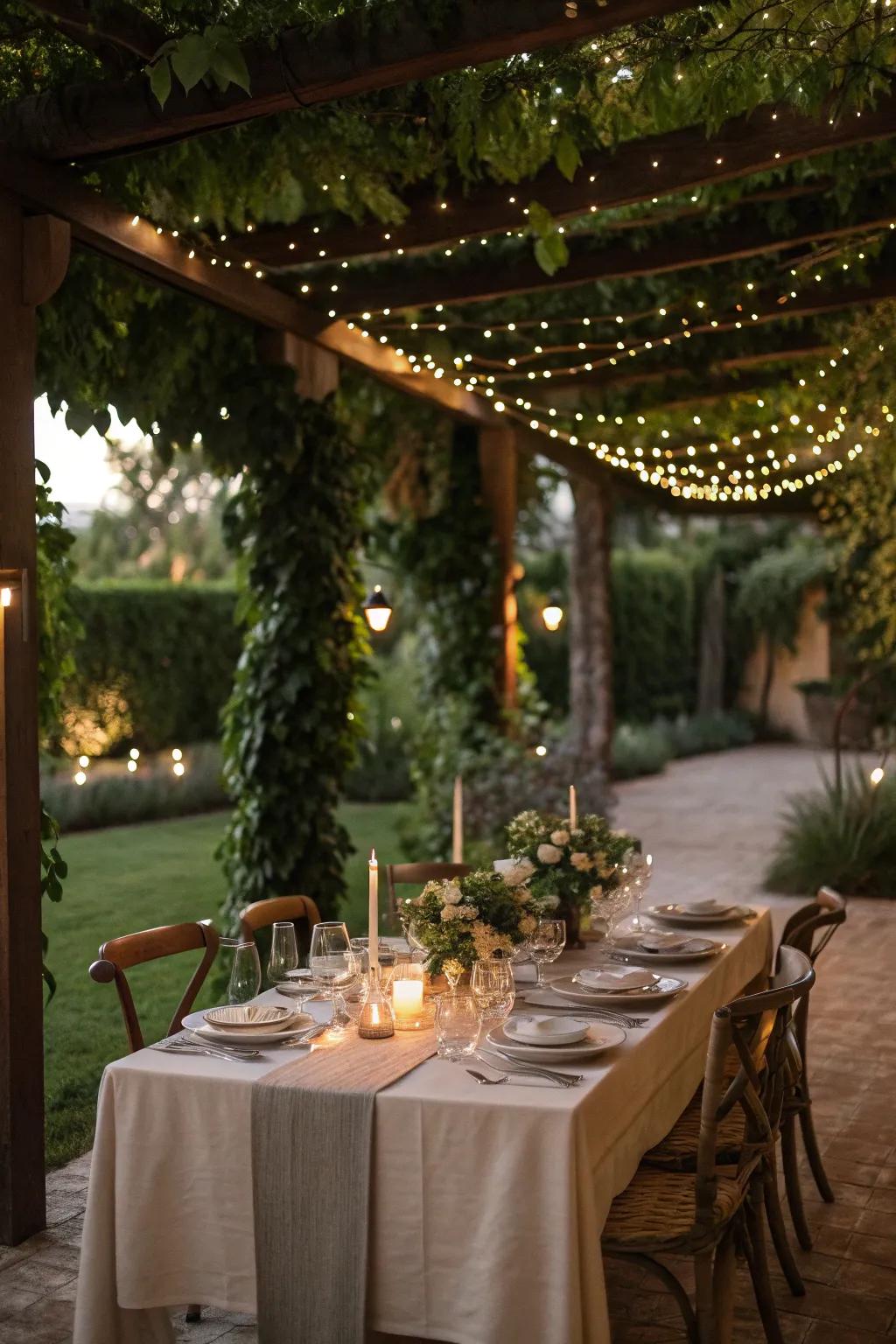 Dine under a vine-draped pergola.