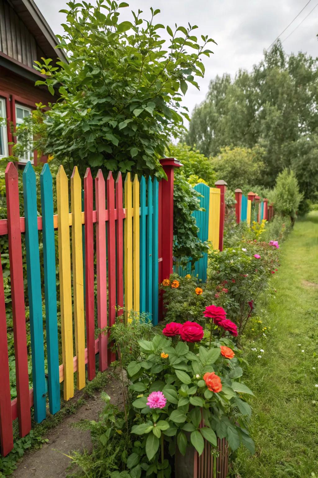 A vibrant fence painted in bold colors enhancing the garden's charm.