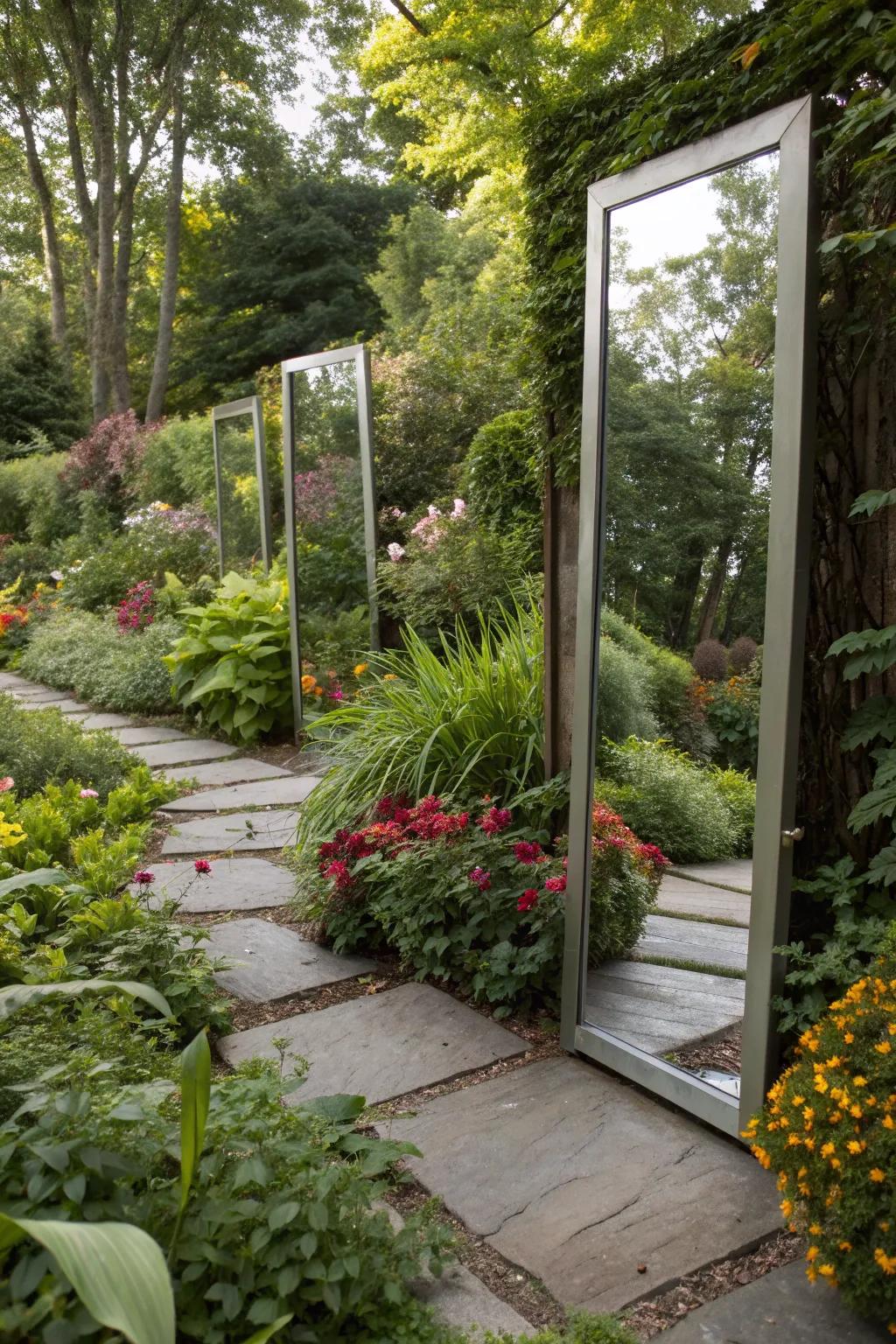 Mirrors add depth and mystery to garden spaces.