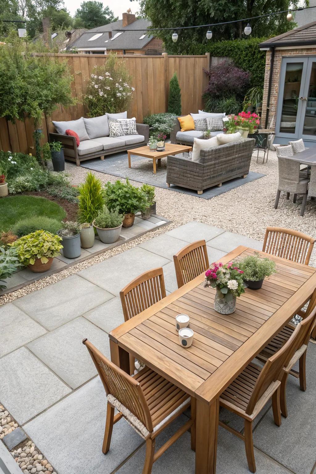Crushed granite patios can accommodate multiple outdoor activities seamlessly.