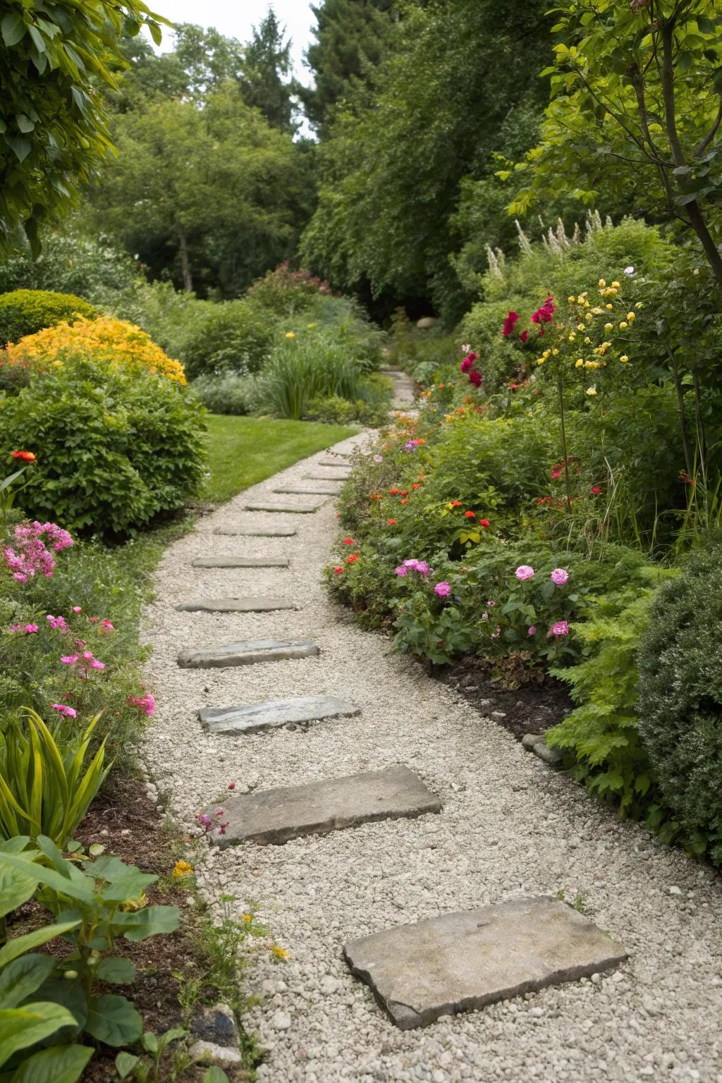 Navigate your garden with stylish stepping stones set on crushed stone.