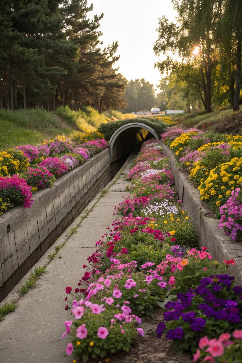 Raised flower beds provide a dramatic backdrop for culverts.