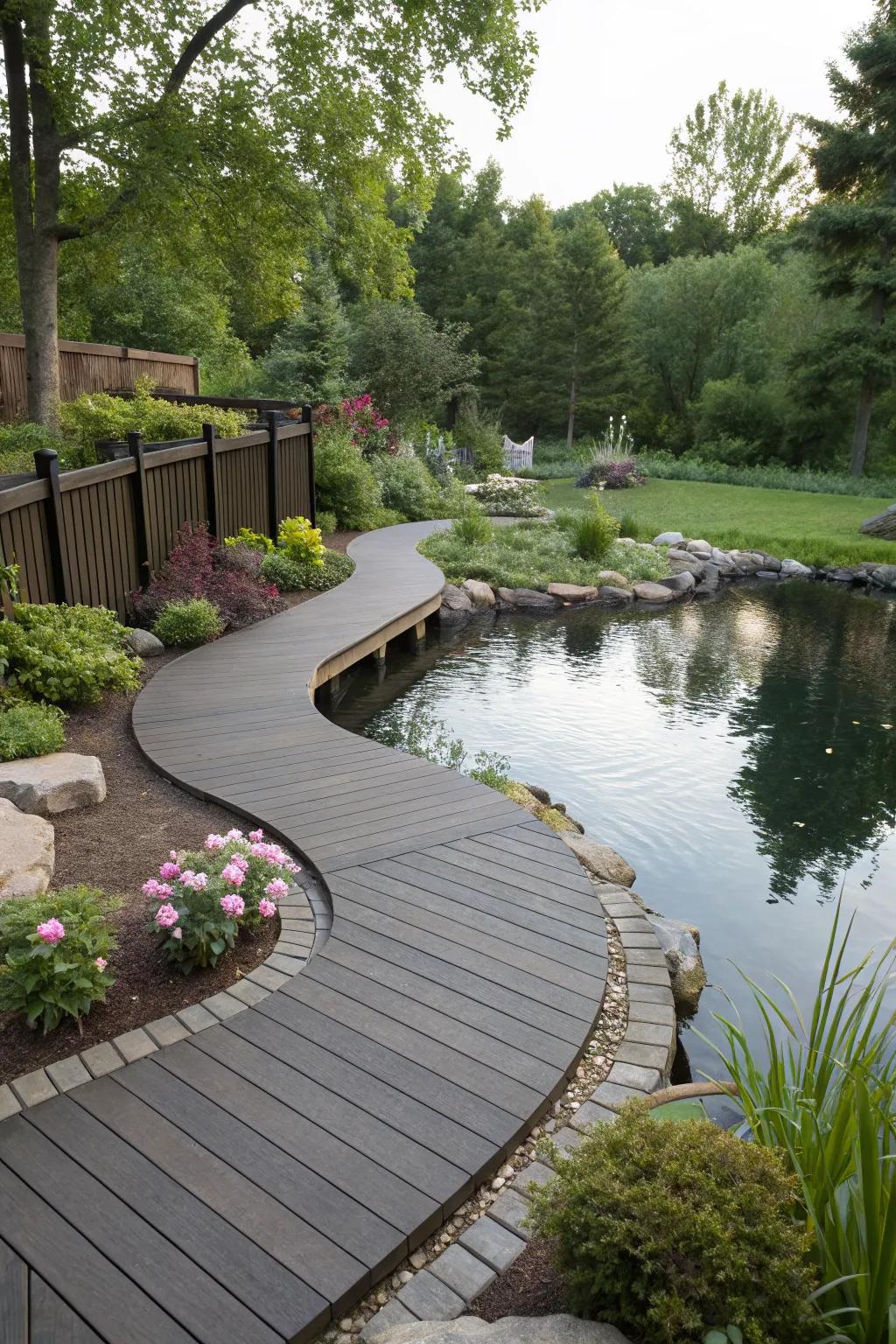 A serene composite deck design featuring a pond as its centerpiece.